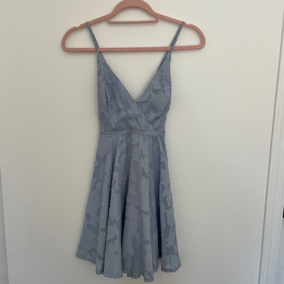 Lulus Days of Beauty Dress Dusty Blue S | Floral Open Back Skater - Picture 3 of 5